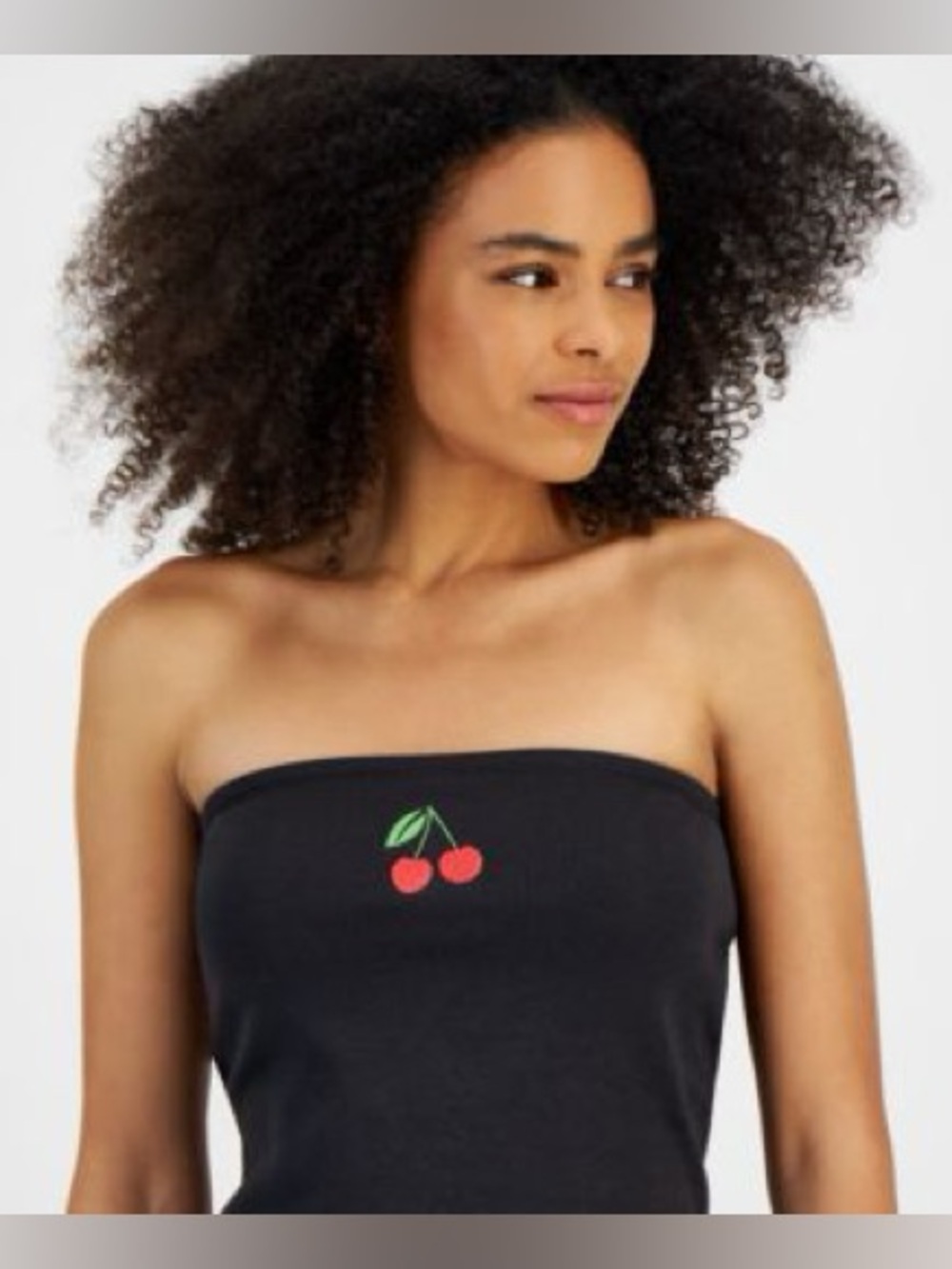 Rebellious One Black Ribbed Tube Top with Cherry Motif